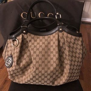 Gucci Large Sukey Bag Beige w/ Dark Brown Trim
